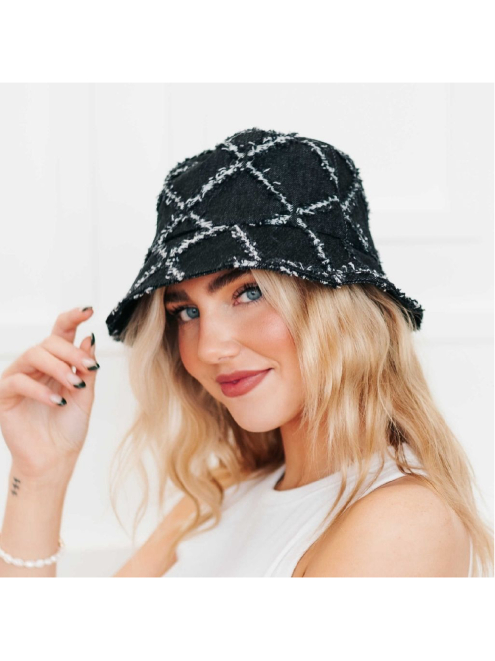 Pretty Simple Black Denim Diamond Bucket Hat One Size